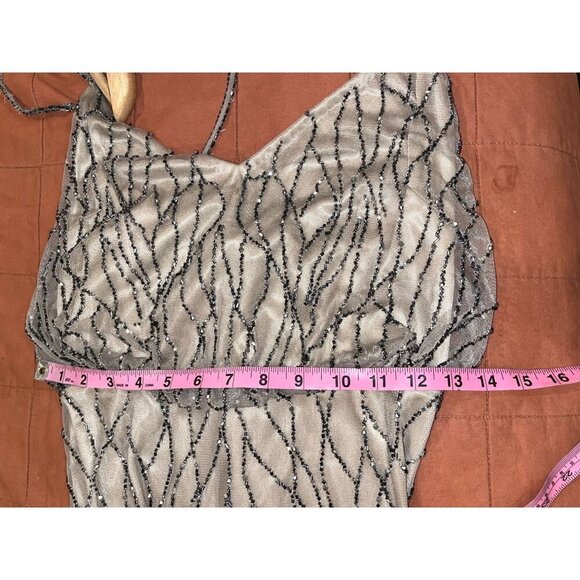 Adrianna Papell Beaded Mesh Blouson Gown Champagne Taupe Silver sz 6 Bridesmaid - Picture 8 of 11